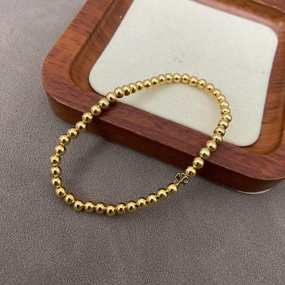 Tory Burch Gold Plated Round Beads Handmade Elastic Bracelet